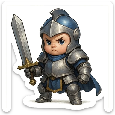 baby version of a heavily armored warrior, wearing blue and silver plate armor and holding a large sword, bold and heroic look, inspired by a noble knight sticker