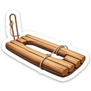 showing a simple wooden raft floating on calm blue water — made of several brown logs tied together with rope — gentle ripples around it — bright, cheerful lighting and soft shadows — minimalist, clean emoji design sticker