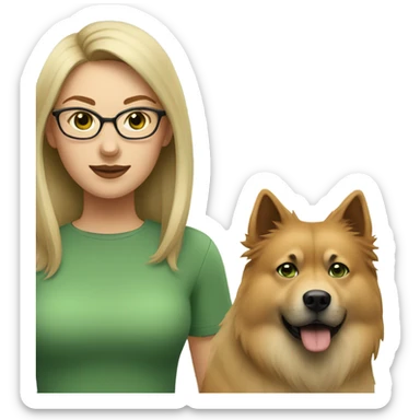 Brown light hair woman aux Green eyes with glasses Green eyes and White beige eurasier dog  sticker