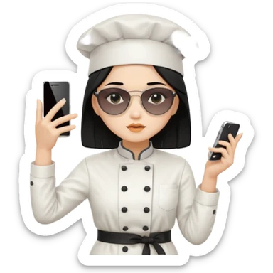 ["A sad woman with light skin, straight hair, wearing a chef hat and sunglasses, dressed in K-pop fashion, is dancing while holding a phone."] sticker