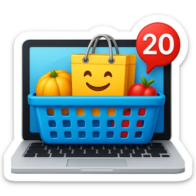 Create a high fidelity emoji style variant with smooth edges featuring a laptop instead of a desktop, keeping the shopping basket and emoji shopping bag as in the reference image. sticker