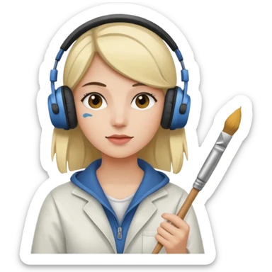 female artist wearing headphone, holding painter sticker