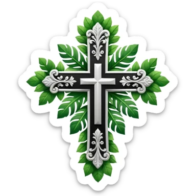 a black and white detailed cross with leaves over the top sticker