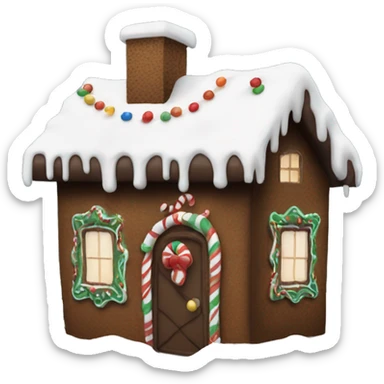 A dark brown gingerbread house with some snow on it and Christmas decorations stuck to the house. sticker
