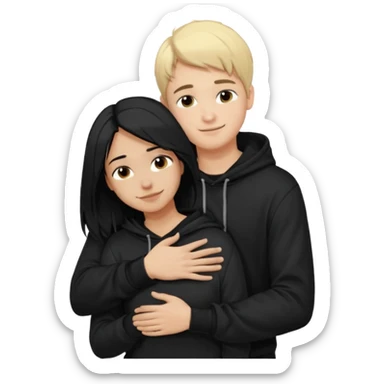 Joven de pelo rubio corto y piel blanca con poleron negedro abrazando por detrás a una joven de pelo negro largo con partidura al medio, de piel morena con sus manos en los brazos del joven aceptand su abrazoemoji sticker