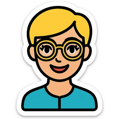blonde teacher with pixie haircut, gold glasses, blue eyes, big eyelashes, nice smile icon-color-outlined style sticker