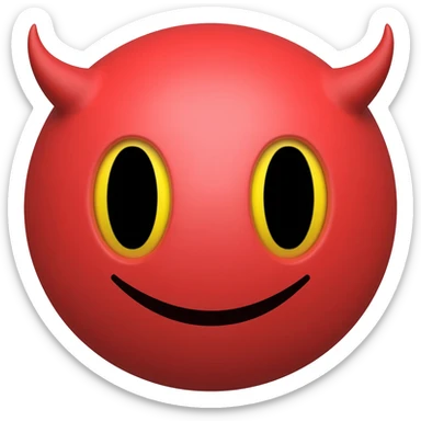 Red circle which has no eyebrows is smiling and has horns and has black eyes with yellow purpils sticker