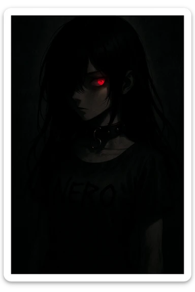 A mysterious anime girl in deep shadows, jet-black hair partially covering her face, turning to her right. Her left eye glows crimson, exuding danger and allure. She wears a dark leather choker with metal rings, and 'NERO' is written in sharp black letters on her dress. sticker