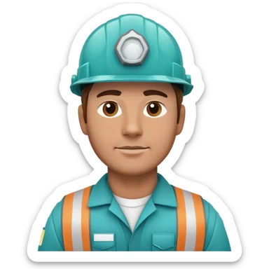 Male oil rig worker in uniform and safety helmet, cool tones with sky blue, teal green, white, and light gray sticker