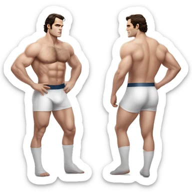 Henry cavill in a jock, backwards view, infront of guy, helping stretch, backwards view sticker