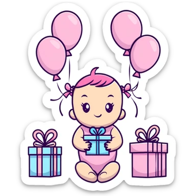 happy baby girl surrounded by pastel pink balloons and presents at birthday party sticker