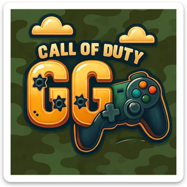 Add a video game controller to the Call of Duty GG emote, maintaining the metallic text, bullet holes, and camo background. sticker