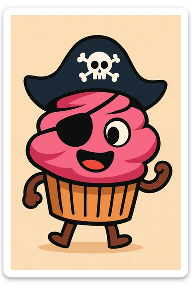 a playful cartoon style cupcake with a pirate hat and eye patch sticker