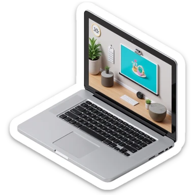 a laptop computer showing a virtual classroom, skeuomorphism style, metallic body, 3D look, detailed screen, learning interface sticker