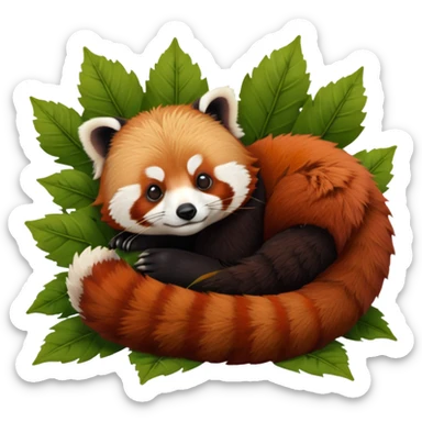 incredible cite ultra furry, hyperrealistic, red panda, napping curled up on a bed of different brown and green dried leaves, still life, isolated, must have a transparent background, 4k. Must not be poor quailty, must be high resolution, must not be blurry, no emoji faces, no emoji icons, dpi 300 sticker