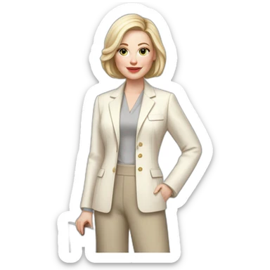 pale skin woman with ash blonde Straightened bob Hair, White Spacious classical jacket, beige palazzo Arrow pants and gray blouse holding a MacBook in the hands sticker