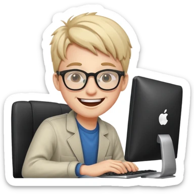 young programmer working at the computer, laughing sticker