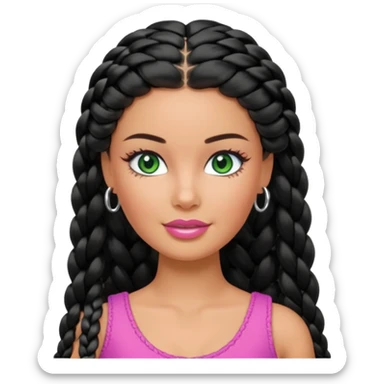 Barbie with olive skin, long black braided hair and green eyes and silver hoop earrings sticker