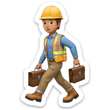 person wearing a hard hat or helmet, holding a wrench in one hand and a briefcase in the other, in a walking or running motion sticker