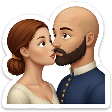 Couple. Bald man with dark brown-black beard. White woman with many small, faded freckles, she has white skin and she has auburn-brown-cinnamon, dark long hair. She has light brown eyes. The man have hazel eyes. She have light eyes. Retro style. She kisses him. Dark akademia. sticker