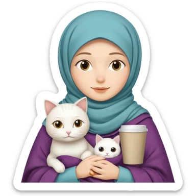 hijap bayan elinde kahve ve battaniyesi ve kucagında beyaz kedi sticker
