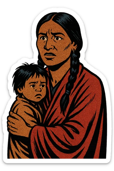 A native American mother and her child from the 1870s looking concerned sticker