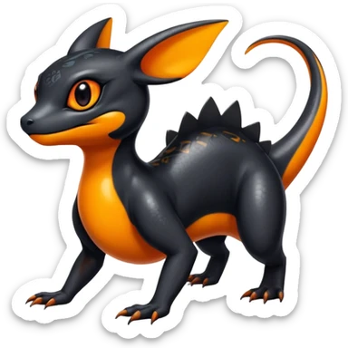 A shiny black Salandit-Umbreon-newt-hybrid-Fakémon-creature with orange belly sticker