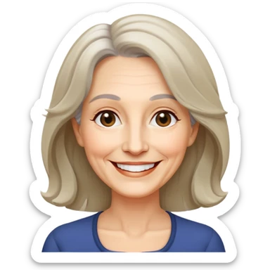 "- Nữ
- 60 tuổi
- Da trắng
- Tóc ngang vai, xoăn nhẹ
- Mặt cười tươi, mắt đen sticker