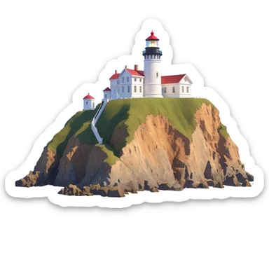 cinematic, realistic emoji of the Point Bonita lighthouse on a majestic cliff, featuring majestic ornate architecture, lifelike detail, bright regal lighting like a sunny day, building in accurate shade of white sticker