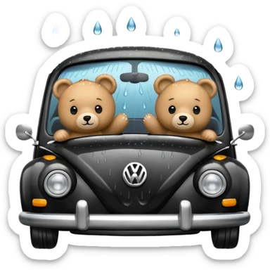 Two teddy bears in black Volkswagen in the rain sticker