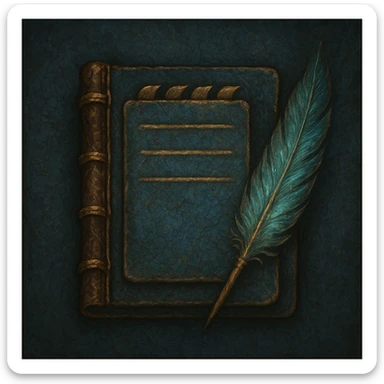 Windows 11 Notepad icon in Elden Ring note style, blue aged and cracked parchment, with a leather binding and mystical feather, no text, just the notepad look, option 6 sticker