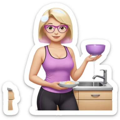 Seductive, Curvy fair skinned woman, short blond hair, small light purple reading glasses, washing dishes, SFW sheer pink tank top, without undergarments showing natural breast shape SFW, black yoga pants, thick booty sticker