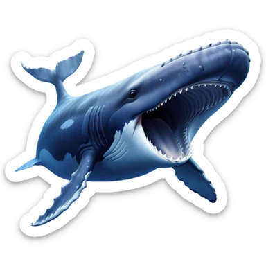 Meme-Worthy Singing Humpback Whale Portrait Emoji, Mouth open wide in a dramatic, melodious pose, showcasing a deep blue-gray body with barnacle accents and an expressive, soulful gaze, Simplified yet artistically graceful features, highly detailed, glowing with a soft, magical marine aura, high shine, enchanting and full of life, stylized with an air of deep-sea wonder, soft glowing outline, capturing the essence of a majestic humpback whale mid-song, resonating with the beauty of the ocean's ancient melodies! sticker