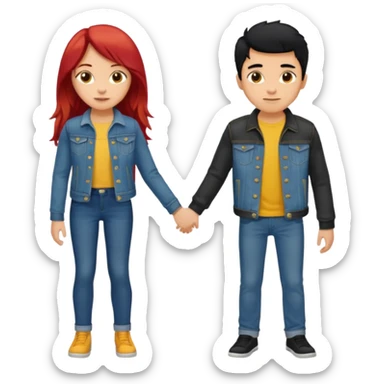full-length couple, girl with long red hair and brown eyes in blue jeans and yellow top, boy with black hair in denim jacket sticker