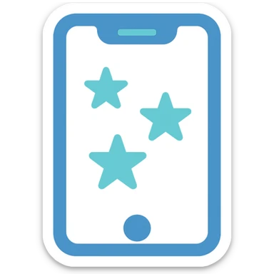 Smartphone icon with three stars, flat emoji style, outline with blue and turquoise colors, screen filled solid white sticker