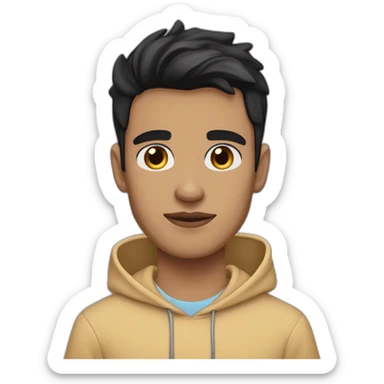 Tan skin with black hair and thick eyebrows young adult male wearing a blue hoodie and define jawline and thin nose and pinkish lips and gold necklace sticker