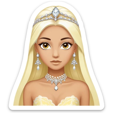 enchantress goddess with brown eyes and tanned skin and super long straight platinum blonde hair wearing a embellished light yellow and white lace gown and diamond chanel earrings sticker