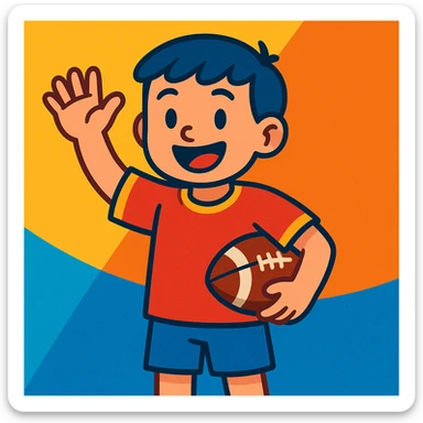 a boy waving and holding a football, inviting a friend, vibrant toon style sticker