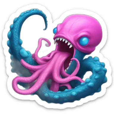a blue kraken fighting  has another pink kraken sticker
