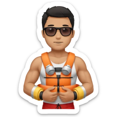 Dark Tan Muscular lifeguard without shirt with messy black hair with sunglasses, with life preserver sticker
