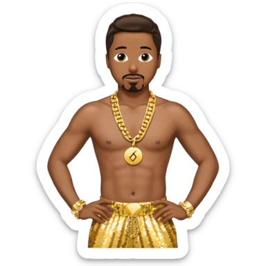 MC Hammer with dark brown hair, gold sequin harem pants, shirtless with necklace sticker