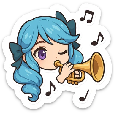 chibi style emote of Gwen from League of Legends, just the head, right eye purple, playing a trumpet, musical notes around sticker