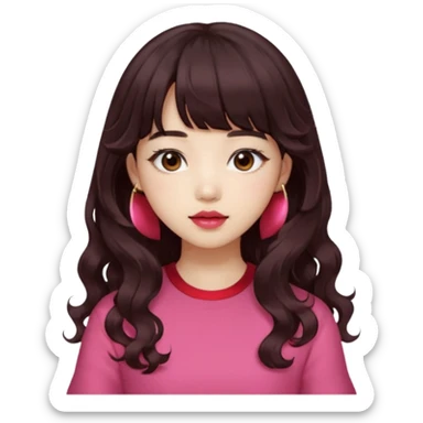 Korean girl, red top, black brown hair, brown eyes, long curly hair, aesthetic, long hair, hime cut, blunt bangs, pink lip, Cool girl sticker