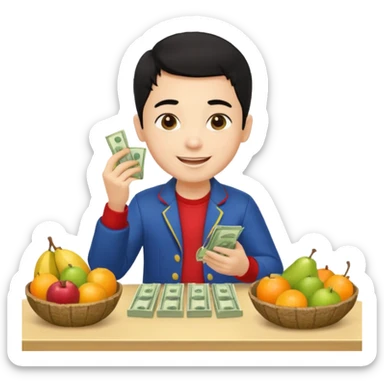 chico piel clara pelo negro con ropa de frutero sentado en una mesa contando mucho dinero sticker