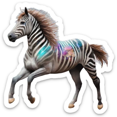 Ethereal zebra newspaper cutting flowers graffiti magazine collage glittering iridescent rich chestnut brown blue mane horse galloping through constellations and nebulas, unicorn Pegasus sticker