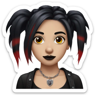 goth girl with red & black skunk stripe hair, a black septum ring, and a nose piercing sticker