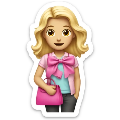 A blonde girl with a pink bow and a bag sticker