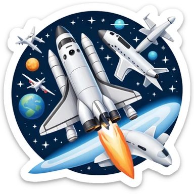An icon featuring a space shuttle, a drone, and an airplane against a starry sky, symbolizing aerospace technology. The design includes rocket boosters and satellite orbits, representing the exploration of space and advanced aviation. Transparent background sticker