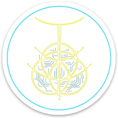 Transform the Elden Ring symbol into a cyberpunk, holographic style with glowing neon yellow edges and intricate circuit patterns, enclosed within a neon dark blue circular outline. The overall look should be futuristic, glowing, clean, and match previous cyberpunk icons. Keep the background transparent. No extra elements or text. sticker