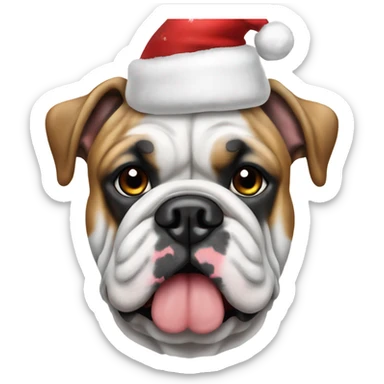 English bulldog white, speckled ears, Christmas hat sticker